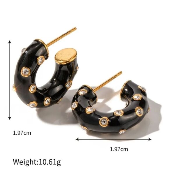 White Enamel Diamond C Shape Hoop Huggie Earrings 18K Gold Plated - Picture 3 of 3